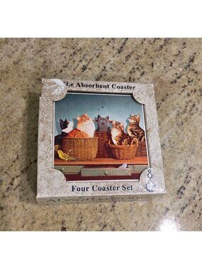 AbsorbaStone Cats in Baskets Yellow Bird Tile Coasters Set of 4